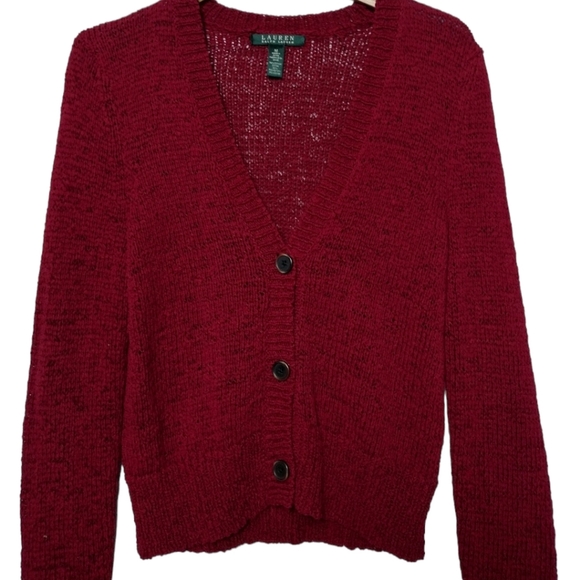 Lauren Ralph Lauren Dark Red Loose Knit Button Front Cardigan - Picture 2 of 5